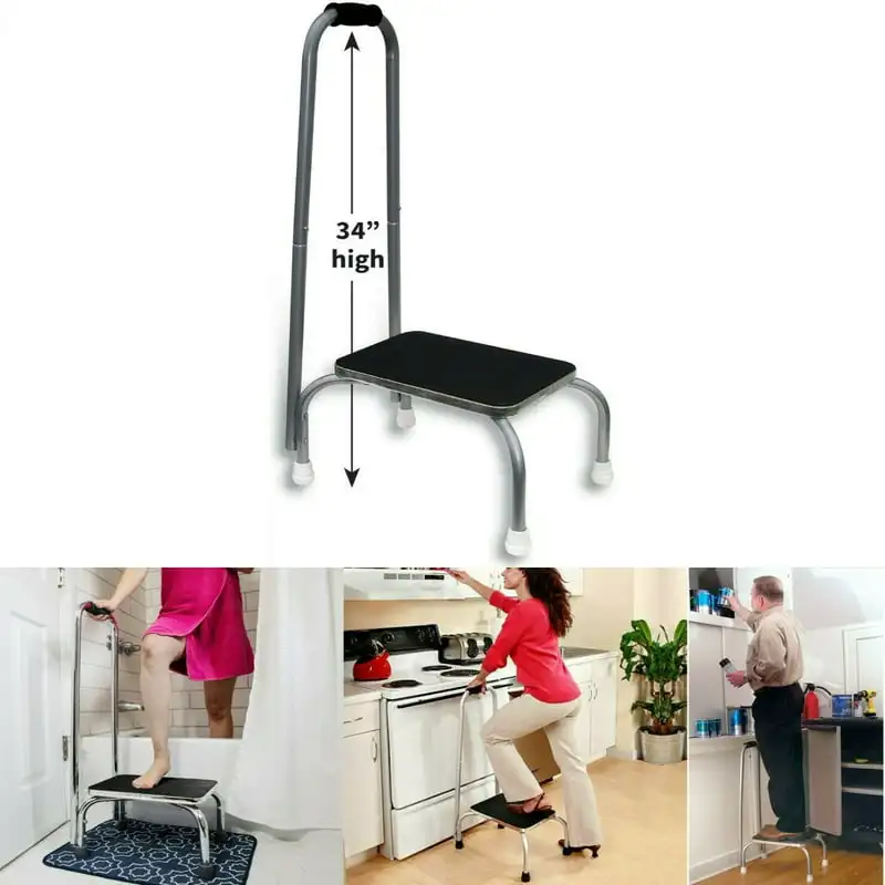 

Stool with Handle -Support Foot Stool for Hospital Bed, Kitchen Shelving, & Bath Tub -Non-Slip Rubber Handle, Platform, & Feet a