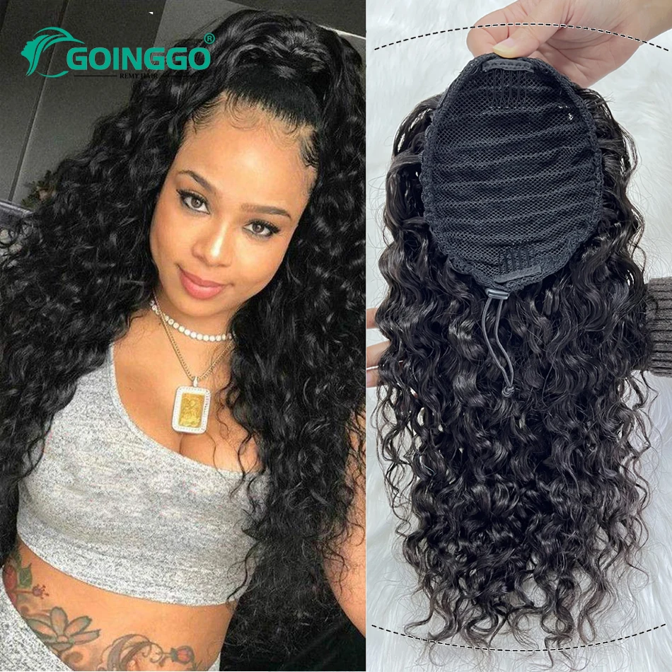 Wet And Wavy Drawstring Ponytail Ocean Wave Long Curly Hair Ponytail Human Hair Thick 140 160g 100% Remy Human Hair Pony Tail