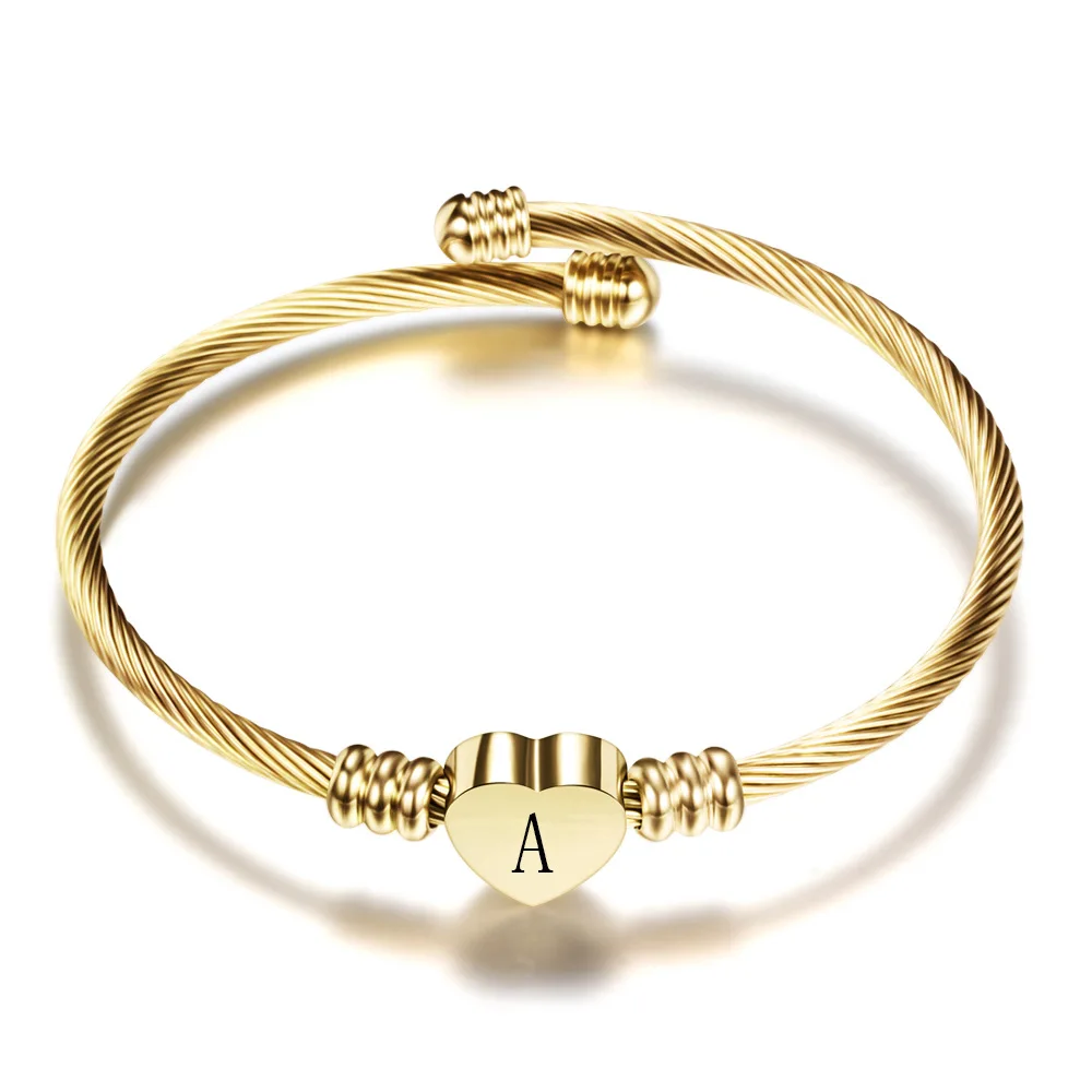 

26 Letter Stainless Steel Bracelet Titanium Steel Heart Letter Gold Plated Bracelet Open Women Heart Bracelet