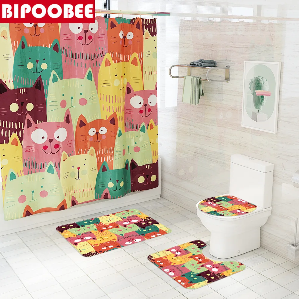 

Cat Animal Puzzle Print Shower Curtains Cute Cartoon Bath Mat and Toilet Lid Cover Fabric Bathroom Curtain Pedestal Non-Slip Rug