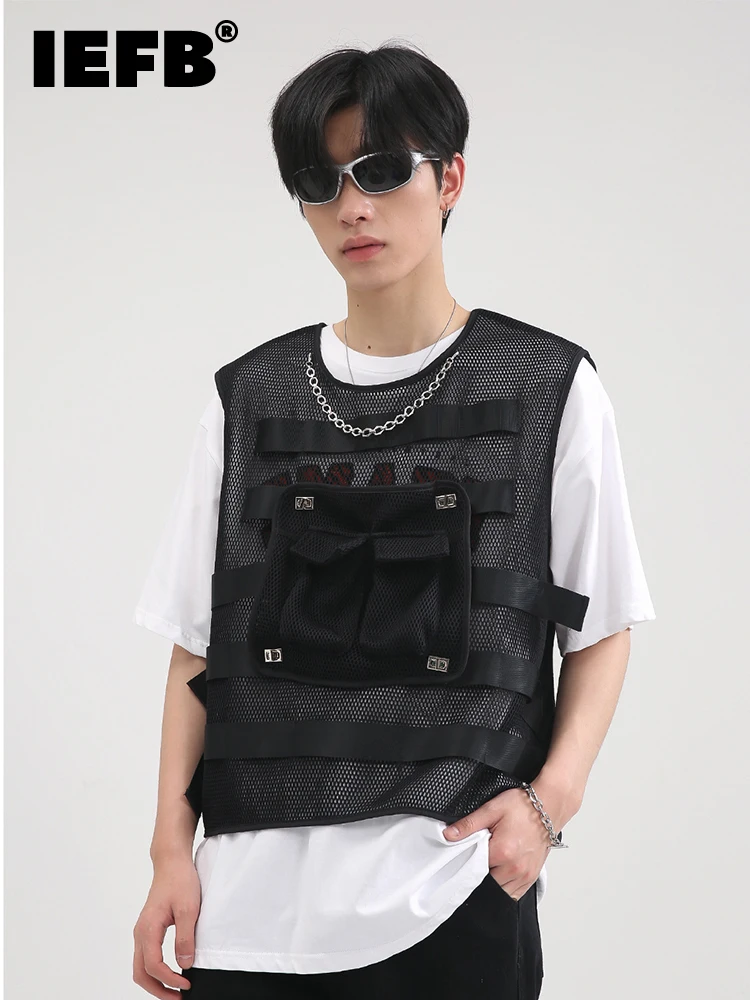 

IEFB Men's Wear 2022 Summer New Korean Fashion Tooling Vest Mesh Pocket Waistcoat Male Vest Solid Color Dark Style 9A4109