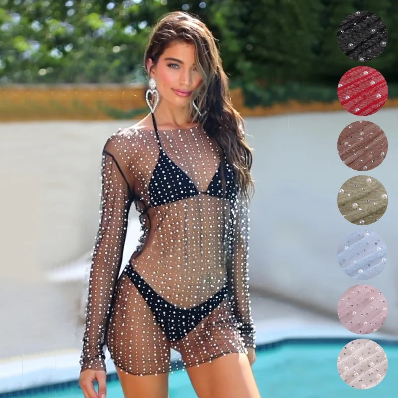 

2023 Spring and Summer New Hot-Sale Women's Clothing Fashion Sexy See-through Light Diamond Bubble Mesh Long Sleeve Beach Dress