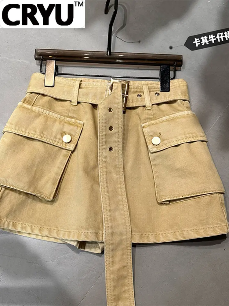 

A-line High Waist With Belt Women Denim Skirt Y2K Vintage Wash Khaki Solid Color Female Mini Skirts American Style Streetwear