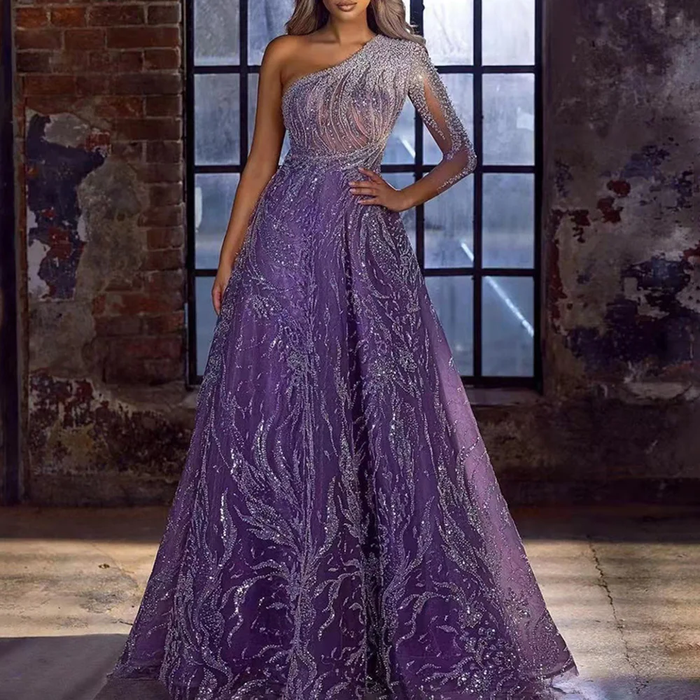 

Mesh Ceremonial Dress For Women One Shoulder Neckline with Sheer Long Sleeve Floor Length Elegant Party Vestidos Robes Female