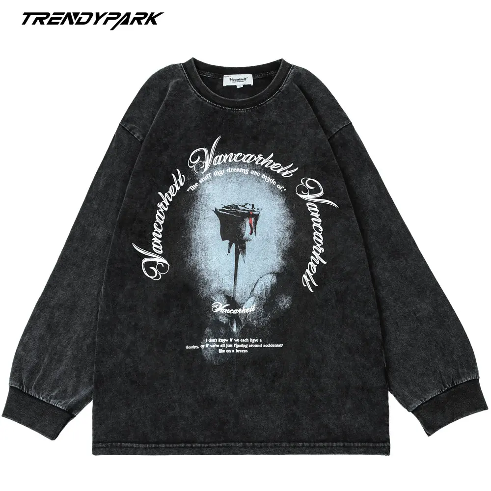 

Men's T-Shirt Full Sleeve Oversized Hip Hop Streetwear Tops Goth Punk Rose Print Harajuku Tshirt Autumn Cotton Casual T Shirt