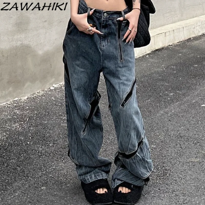 

Женские джинсы оверсайз в американском стиле Y2K, джинсы с потертостями на молнии, прямые Свободные Лоскутные однотонные Широкие штаны