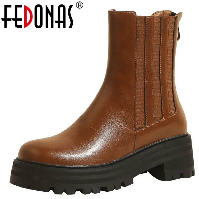 

Женские ботильоны из натуральной кожи FEDONAS, повседневная офисная обувь на толстом каблуке, Осень-зима