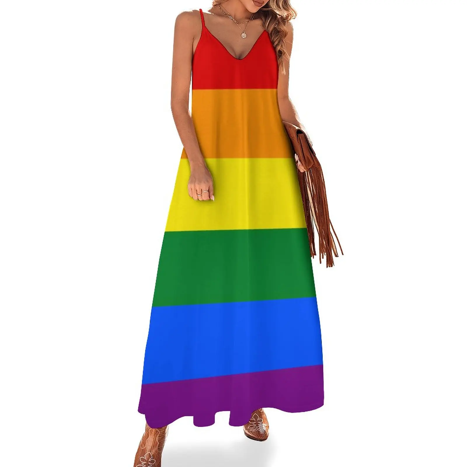 

Радужное платье ЛГБТ в полоску с флагом гордости, уличная одежда с V-образным вырезом, пляжные длинные платья в стиле бохо, женское сексуальн...