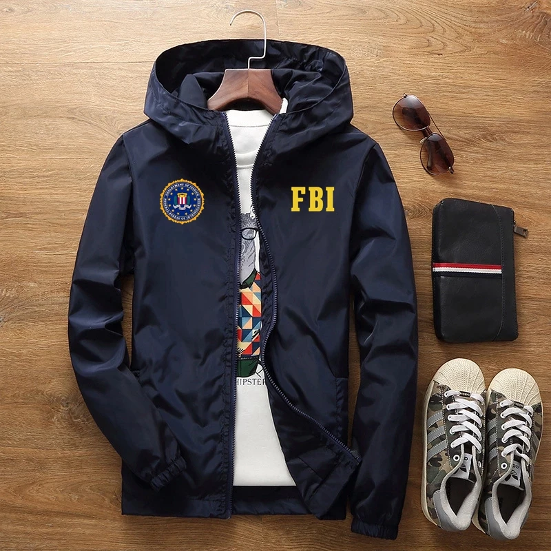 

FBI Hot Sale Windbreaker Jacket Men Outdoor Hooded Jacket Men Large Size Windbreaker Zipper Jacket Brand Clothing
