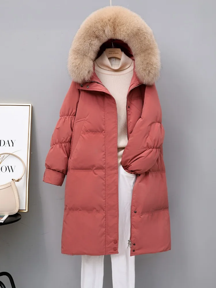 Women Long Down Jacket New Casual Style Fox Fur Collar White Duck Down Jackets Autumn Winter Coats And Parkas Female Outwear