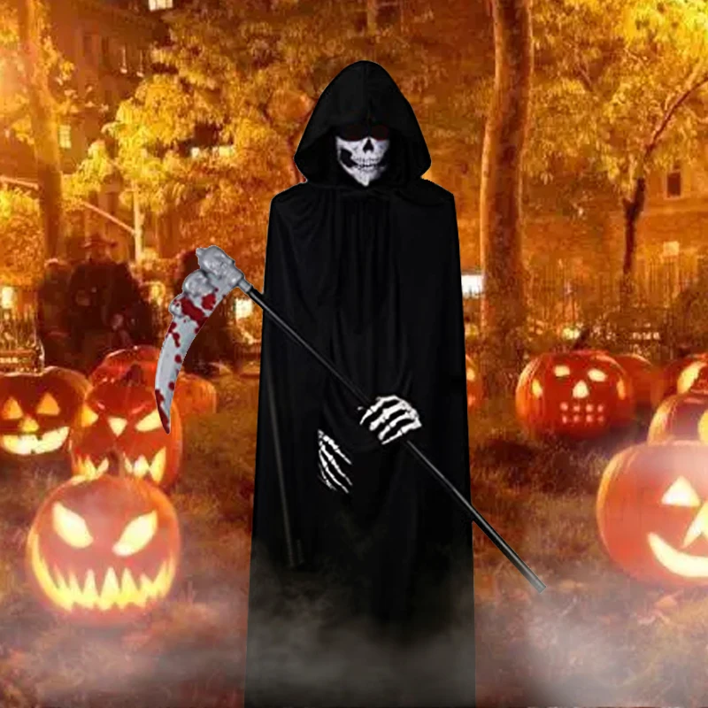 

Halloween Grim Reaper Death Costume With Cape Hat With Sickle Gloves Ghost Mask Scary Halloween Costume Party Dress Up Supplies