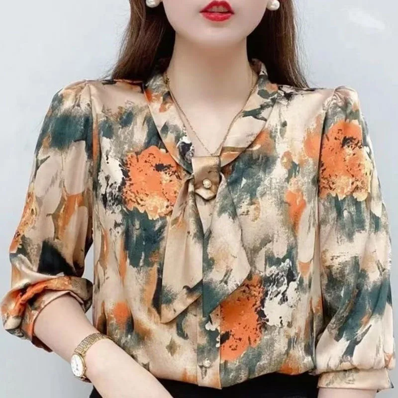 

Women Spring Summer Style Chiffon Blouses Shirts Lady Casual Half Sleeve Bow Tie Collar Printed Blouses Tops