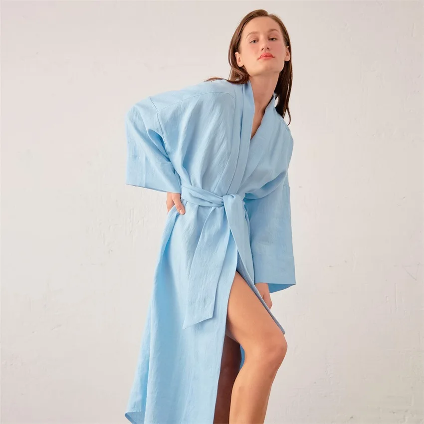 

Solid Kimono Robe for Women Cotton Bathrobe Nightgown Dressing Gown Pajama Fashion Long Bridal Robes Woman Lace-up Homewear Pjs