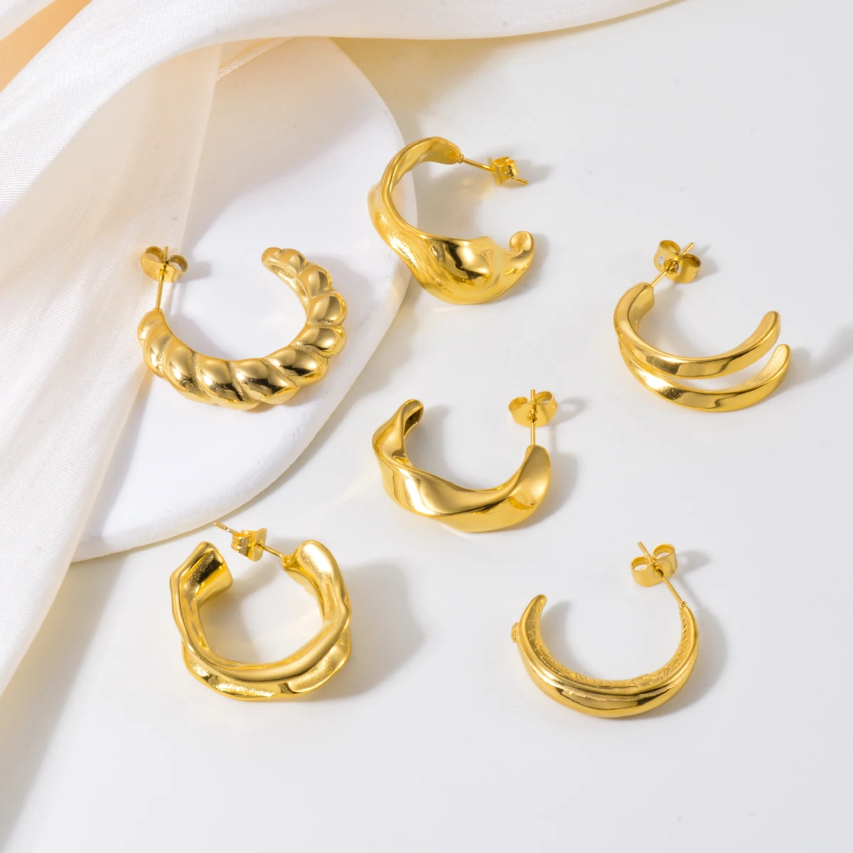 

Stainless Steel Geometric Hoop Unusual Earrings Wrinkle C Shape for Women's Earrings Irregular Statement Jewelry