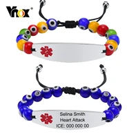 vnox free engraving medical bracelets for men with evil blue eye beads chain adjustable emergency contact wristband