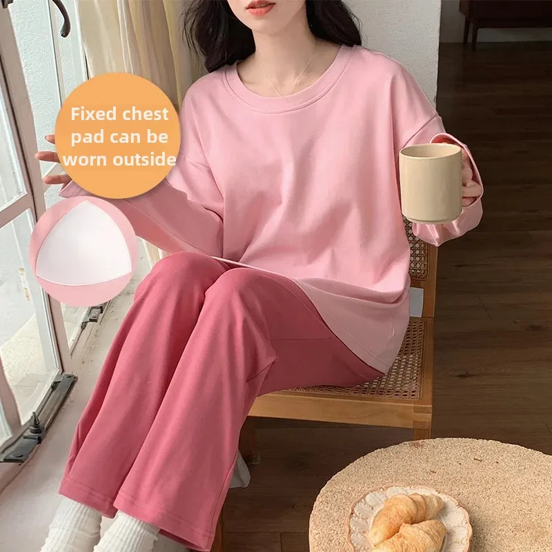 Женская пижама с длинными рукавами и цветными блоками круглым вырезом накладкой