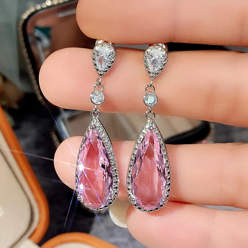 

Luxury Fashion Drop Cut Pink Cubic Zirconia CZ Stone Drop Dangle Earrings For Women Banquet Party Jewelry Gift