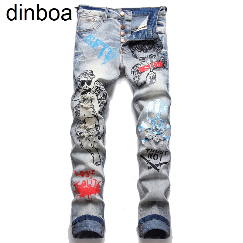 

Dinboa-mens Y2k Skull Print Jeans Character Painted Print Punk Button Denim Pants Vintage Holes Ripped Denim Trousers for Men