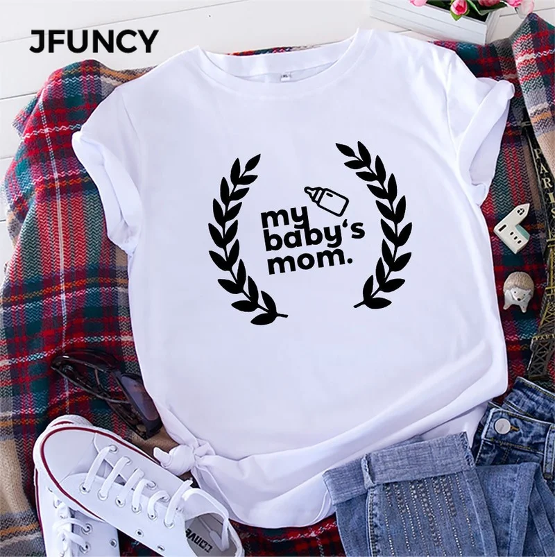 JFUNCY Women Summer T Shirt  5XL Letter Print Mom T-Shirt Woman Loose T Shirt 100% Cotton Short Sleeve Lady Tee Tops