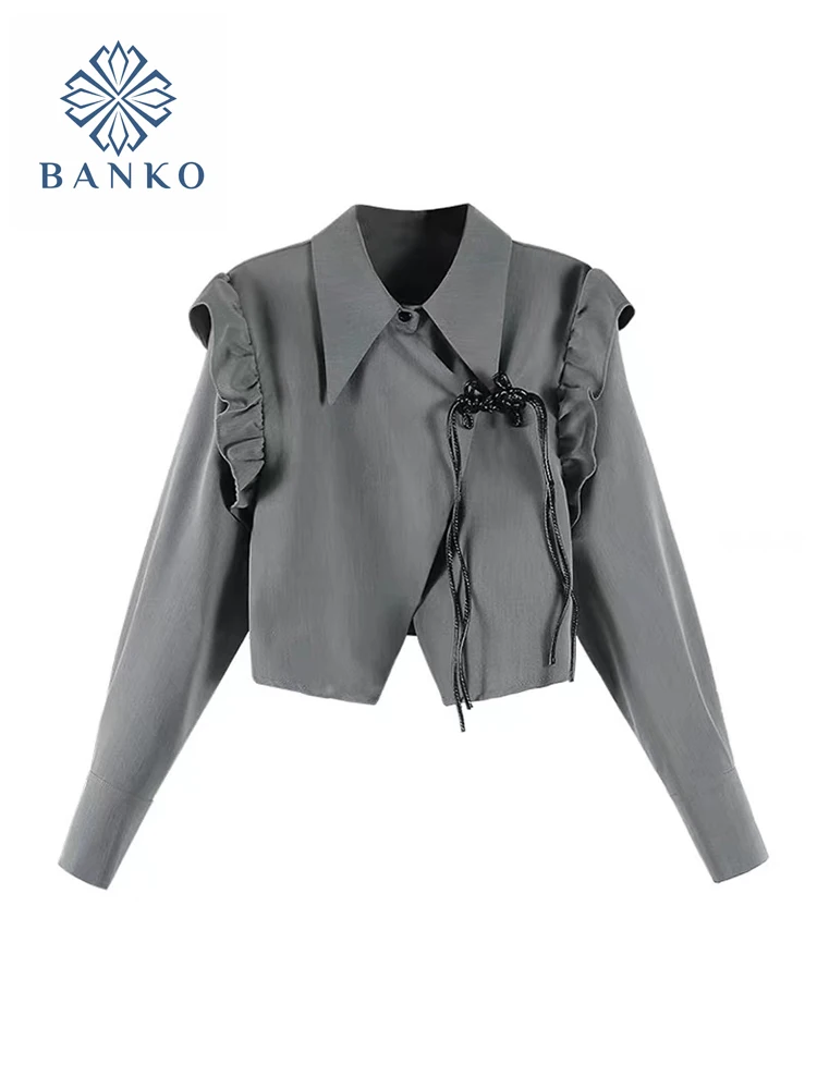 

Grey Color Over-shirt Lapel Irregular Short Women Chiffon Blouses Autumn Ruffle Design Sweet Cute Lady Soft Shirt Korean Style
