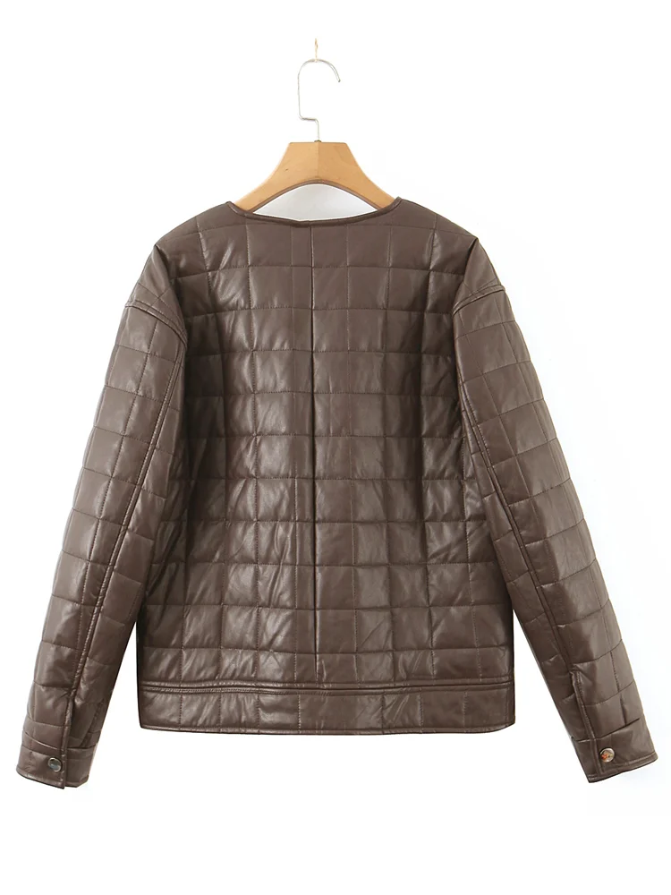 2022 CHIC Women Autumn Winter Center Button O neck Solid Brown Plaid Quilted Padded Coat Femme Parka Loose Warm Jacket Outerwear