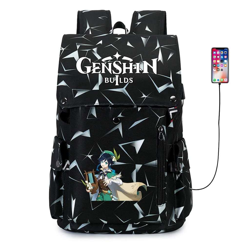 

Genshin Impact Oxford Cloth Backpack USB Charging Knapsack Teenager Zipper Packsack Student Cartoon Schoolbag Travel Laptop Bag