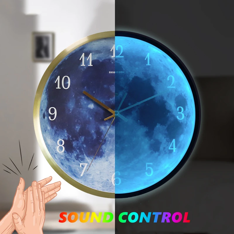 

Creative Wall Clock Blue Moon Sound Control Luminous Digital Modern Silent Clocks Living Room Bedroom Wall Decoration 12 Inch