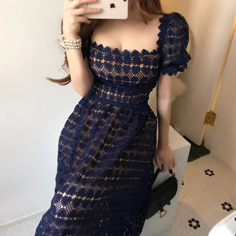 Women's Dresses Elegant Vintage Sexy Square Short Sleeve Lace Dress Lady Hollow Out Ruffled Vestido Mujer Slim 2022 New