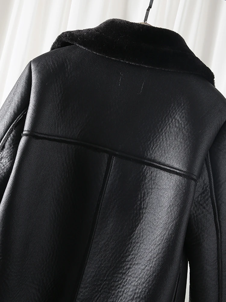 New 2023 Winter Women Sheepskin Coat Streewear Thick Warm Pu Faux Lamb Leather Jacket with Belt Loose Outwear Leather Jacket