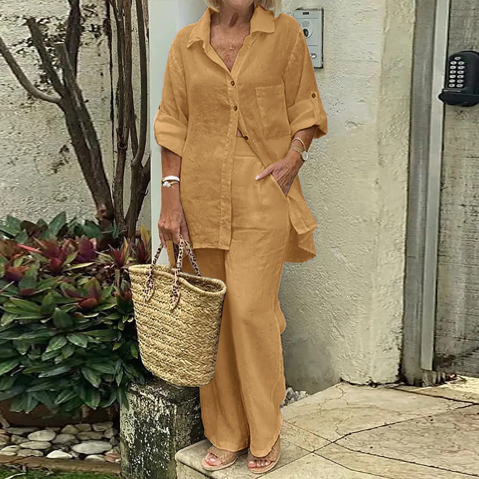 

Комплект из 2 предметов, женские брюки, блузка с длинным рукавом, однотонный однобортный повседневный летний топ с глубоким шаговым швом, брюки, комплект женской одежды