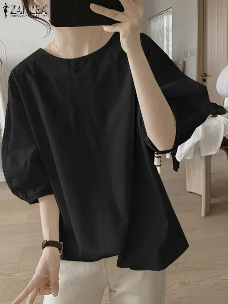 

ZANZEA Women Causal Work Tops Fashion Summer Blouse Elegant Loose Puff Sleeve Shirt Loose Solid Tunic Blusas Oversize Chemise