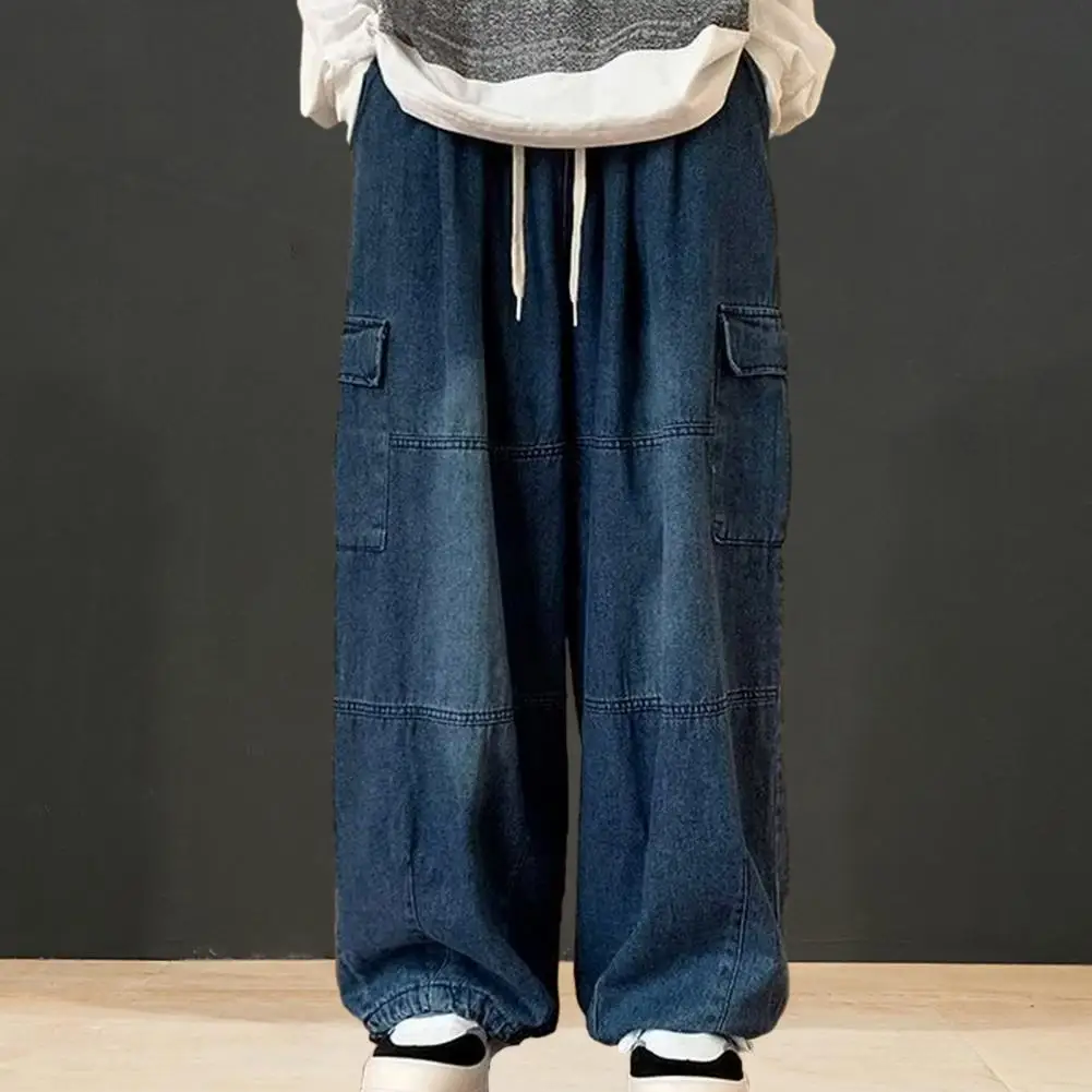 

Брюки-карго мужские большого размера с несколькими карманами, однотонные мешковатые штаны на шнуровке, с эластичным поясом, широкие штаны