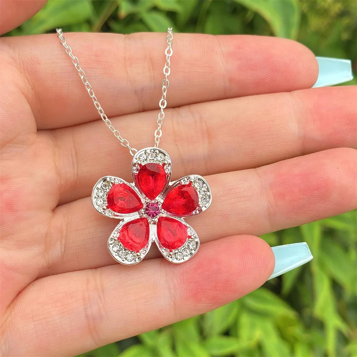 

ANGLANG Fashion Flower Design Red Cubic Zirconia Pendant Necklace Silver Color Bijoux Collier Elegant Women Jewelry Gifts