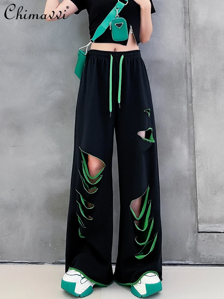 

Women's Fashion Simple Streetwear Wide-Leg Casual Pants 2022 Summer Ladies New Solid Ripped Loose Drooping Straight-Leg Trousers