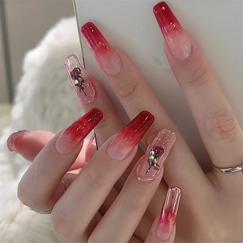 

JP3235-B3 Extra Long Red Ombre Fake Nails Set Press on Reusable False Nails with Designs