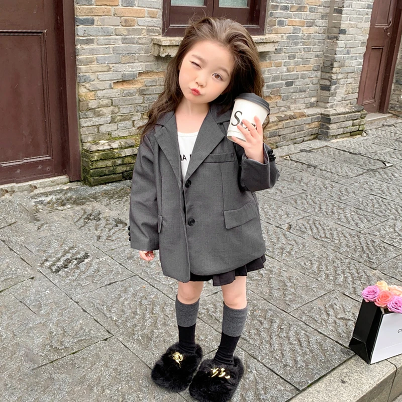 

Демисезонный блейзер для девочек, Детское пальто, костюм для малышей, куртка, Детский Блейзер, детская одежда, однотонный Серый блейзер с карманами