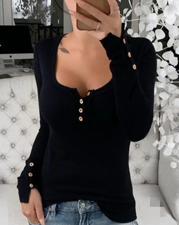 

2022 New Women's Tops Button Casual Detail Long Sleeve Top Skinny Female Tees Female T Shirt Autumn Spring