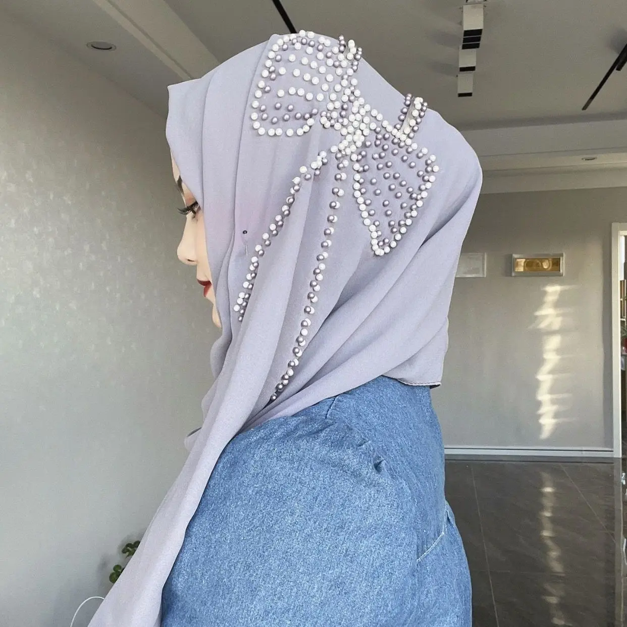 

Butterfly Pearl Bubble Chiffon Hijab Muslim Woman Veil Long Musulman Femme Shawl Soft Instant Hijabs for Women Full Cover Scarfs