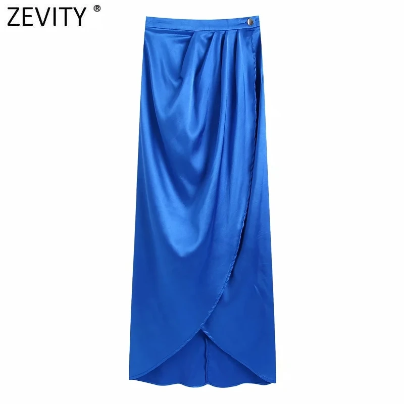 

Zevity New Women Fashion Pleats Design Hem Irregular Casual Midi Skirt Faldas Mujer Female One Button Blue Satin Vestidos QUN847