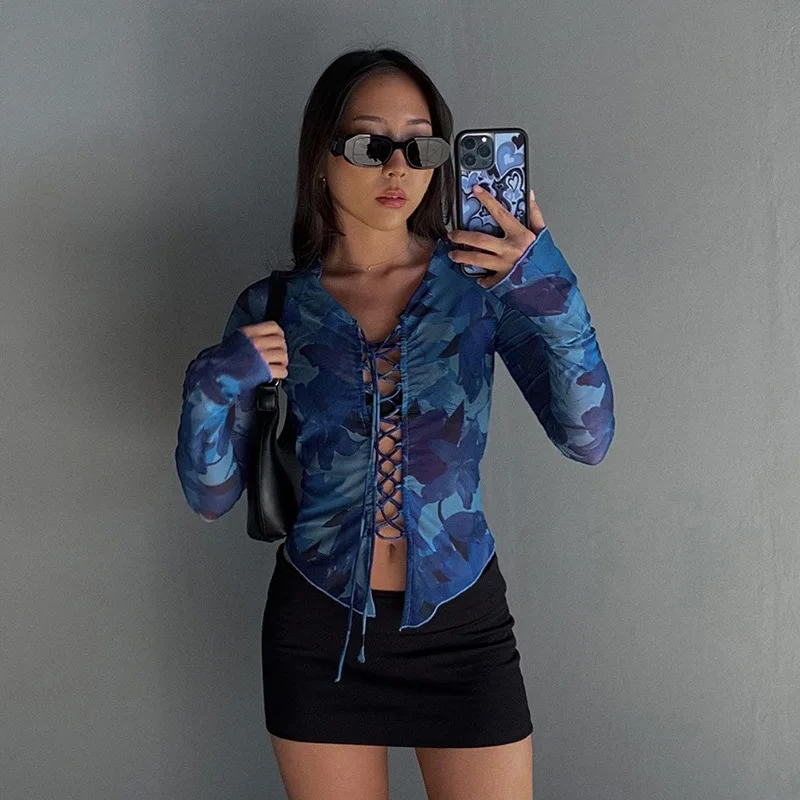 

Women Autumn O Neck Long Sleeve Cropped Tops Y2K Print T-Shirts Bandage Tops Crop Tops Ladies Casual Tees T Shirt Streetwear