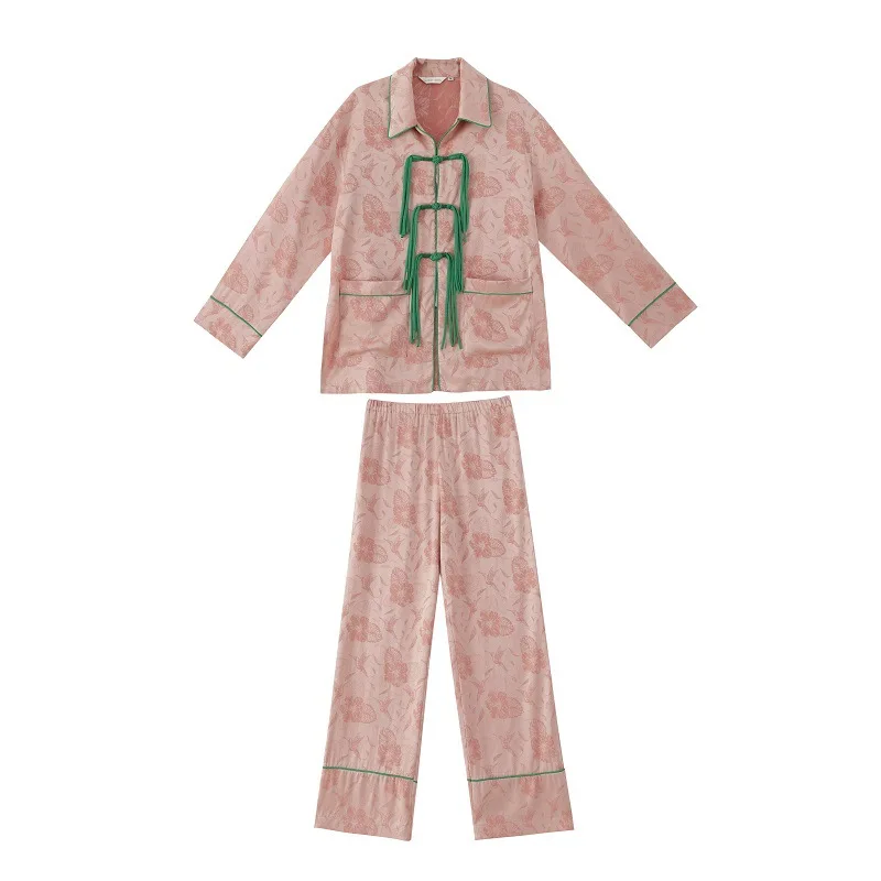 Women's Silk Satin Pajamas Set Chinese Jacquard Tassel Buckle Sleepwear for Women Loungewear 2 Pcs Long Sleeve Pants Home Suit