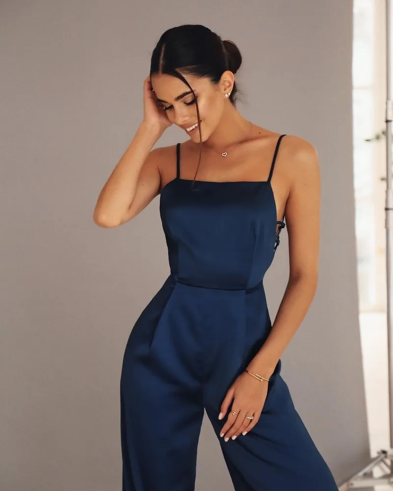 2023 Women's Solid Elegant Daily Spring Wide Leg Jumpsuits Sexy Spaghetti Strap Green Joker High Waist European and American