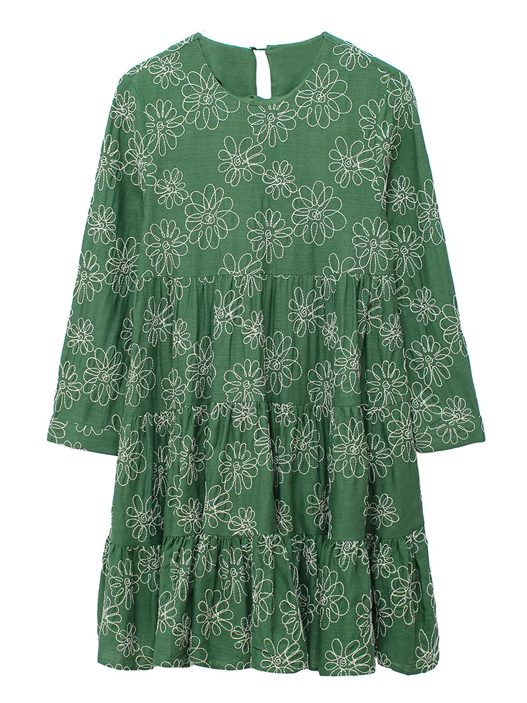

Мини-платья 2022 модная женская одежда из льна, как винтажное платье с цветочной вышивкой с круглым вырезом и длинным рукавом, многоуровневое хлопковое платье-сорочка