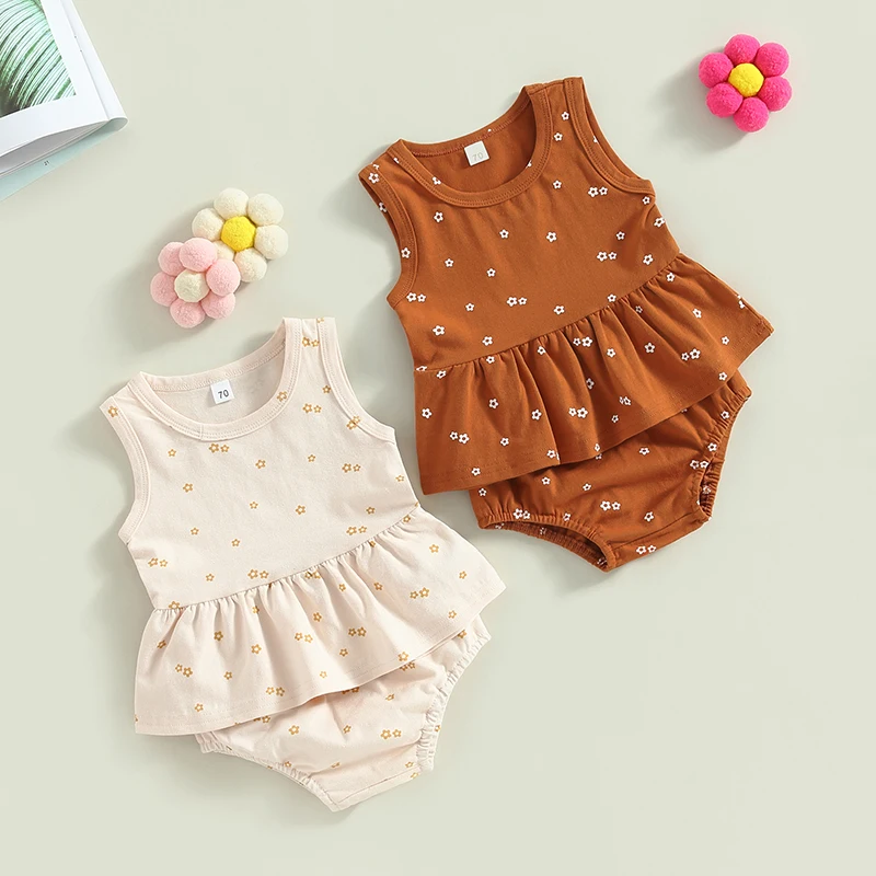 

2pcs Set Baby Girls Summer Outfit Ruffled Hem Floral Sleeveless Tank Tops Elastic Casual Shorts Set Softs Cotton Baby's Sets
