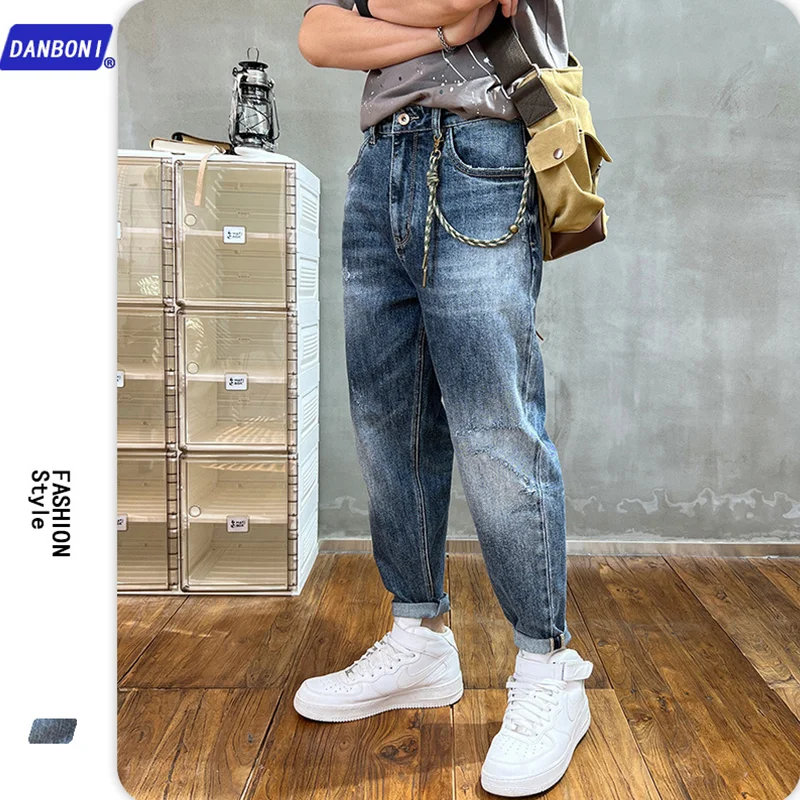 Streetwear Men 2022 New Pattern Recreational Blue Haren Pants Chaopai Small Trouser Leg Self-cultivation Jeans Autumn Female