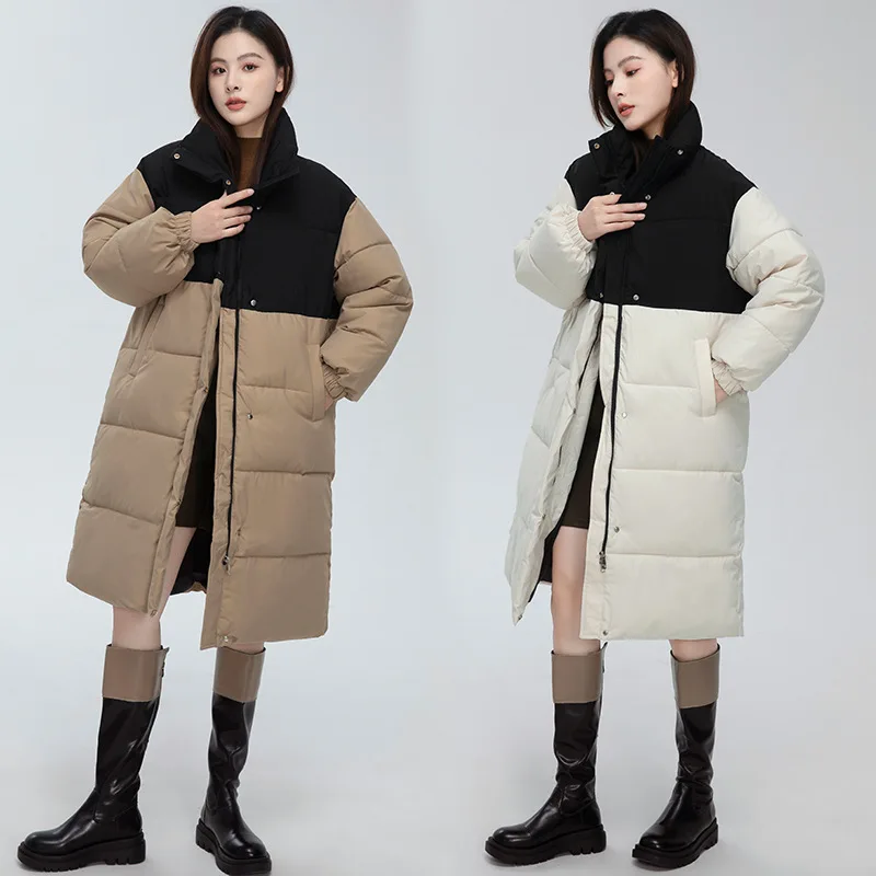 

Winter Fashion New Mid Length Standing Neck Long Sleeve Color Block Thickened Warm Cotton-Padded Clothes Coat Women's Trend