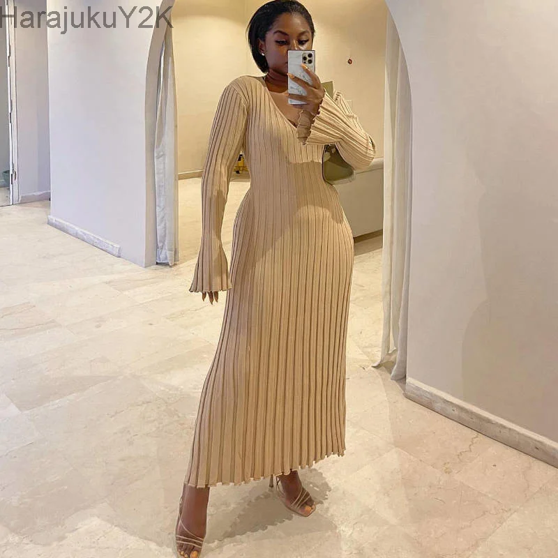 

Повседневное женское Трикотажное макси-платье с v-образным вырезом, Осеннее элегантное облегающее платье в рубчик с длинным рукавом 2022, женские модные уличные платья