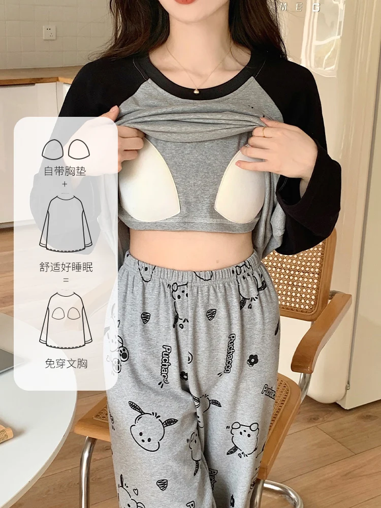Spring and Autumn With Chest Pad One-Piece Pajamas Women Long sleeve Cartoon Summer Nipple Coverage Homewear Winter Set Outer...