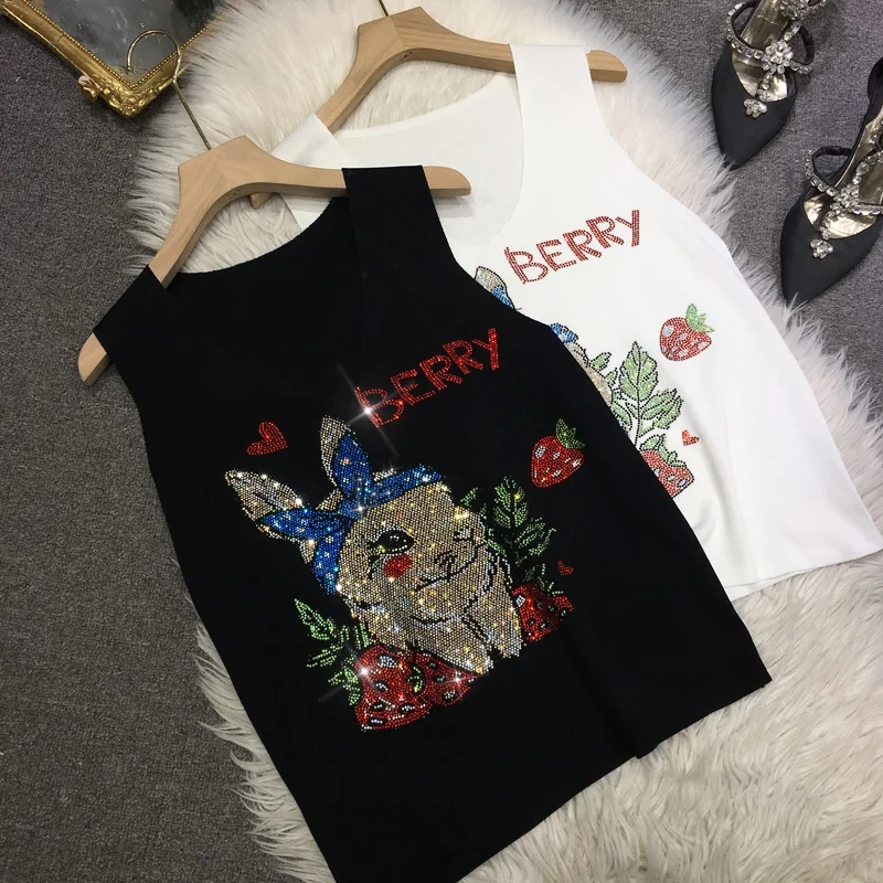 

Blingbling Shiny Hot Drilling Women Tanks Ice Silk Knitting Top Age Reduction Bunny All-match Sleeveless T-shirt Basic Vests Top