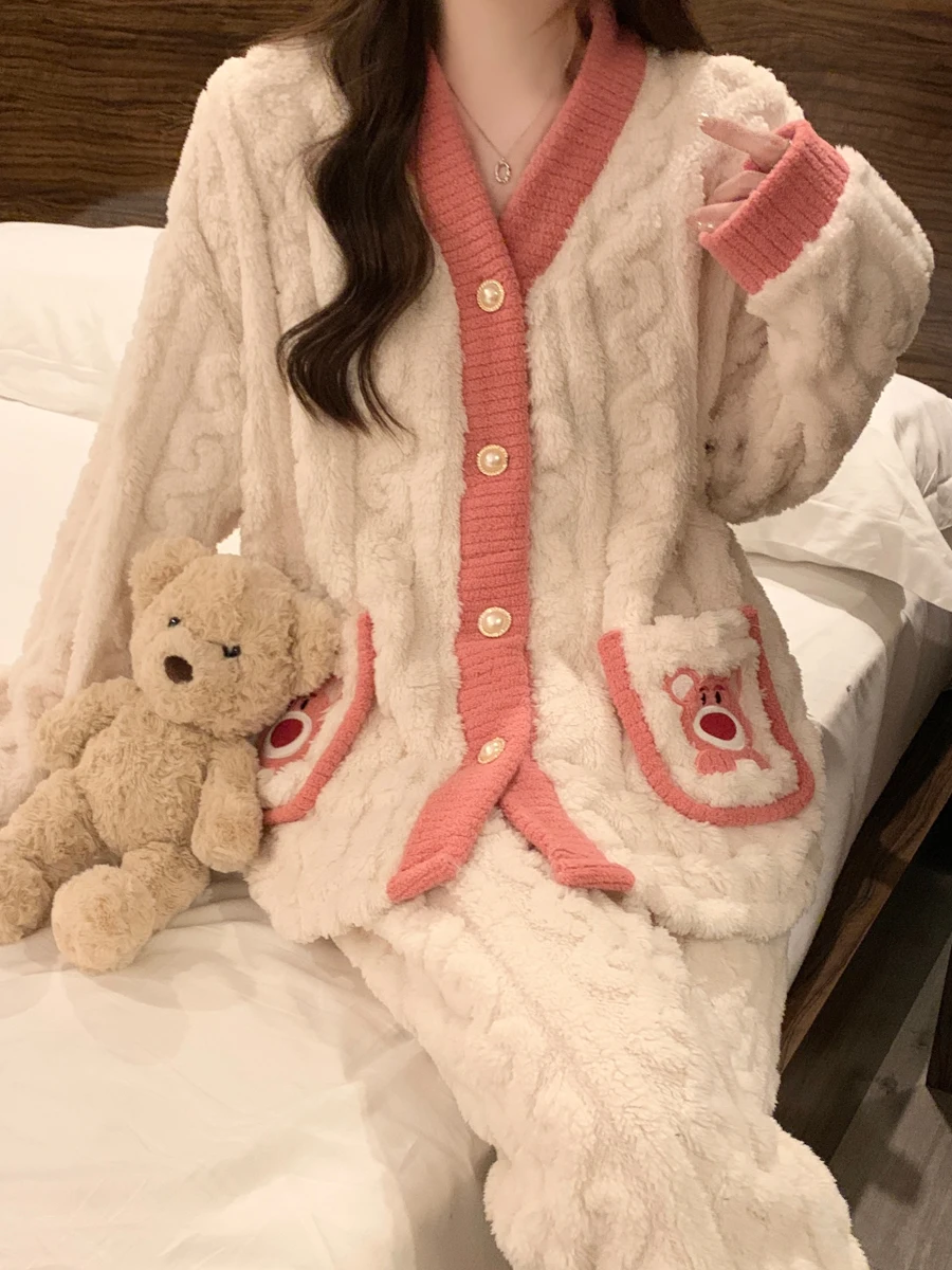 Интернет-знаменитости пижамы из кораллового флиса с клубничным медведем женские